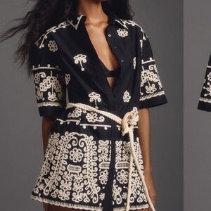 Maeve Black and Cream Embroidered Mini Dress